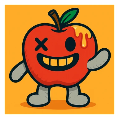 Appleton the Apple plush character, vibrant toon style, red apple plush with light grey arms and legs, left eye is an X, ichor dripping from the stem without leaf, wide grinning mouth sticker