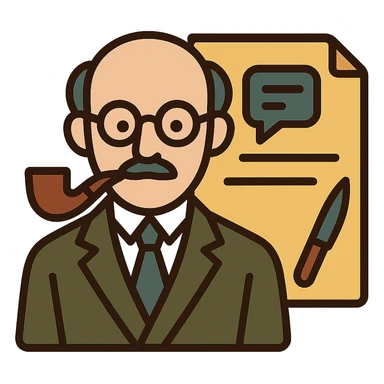 minimalistic icon of a refined scholarly professor with glasses, pipe, elegant suit, exuding intellectual authority and respect, atop a sleek document background with subtle AI messaging interface cues, scalpel motif subtly integrated, vintage European university color palette, evokes technical precision and scholarly elegance sticker