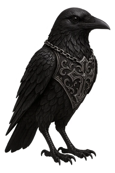 gothic raven figurine, black with silver accents, no background sticker