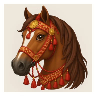 Add traditional Arabian tack and ornate decorations to the Saudi Arabian horse in emoji style, keeping the close-up head portrait with flowing mane as is. sticker