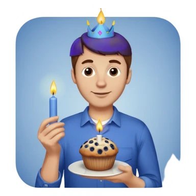 Make a white man with brown hair wearing a shirt that says happy b day Virginia holding a blueberry muffin with a birthday candle in it sticker