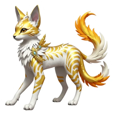 Epic complex fantasy glorious detailed futuristic divine godly angelic feathery sunny, white, albino, pastel, golden, orange glowing sparkly, realistic Fakémon-Sprigatito-Floragato-Meowscarada-Trico-Sergal-Serval-Solgaleo-Vernid-creature (full body) solarpunk, shiny sparkly with a gold laurel sticker