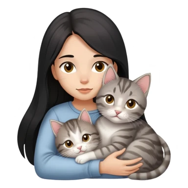 girl with black long hair, light-medium skin, brown eyes snuggling light grey tabby kitten sticker