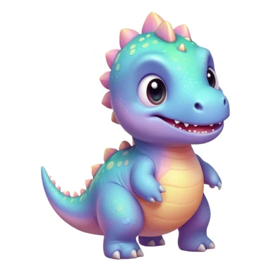 Cinematic tiny pastel dinosaur, chubby round body, tiny feet, big sparkling eyes, soft glowing colors, happy and friendly expression, radiating warmth. sticker