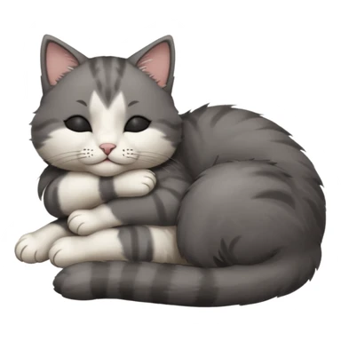 dark grey and white small cat with closed eyes, leaning his head on his paw while leaning on his elbow lying down sticker