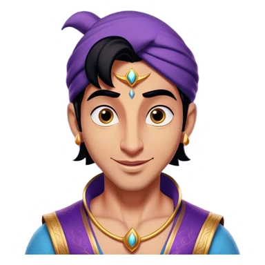 Cinematic Realistic Aladdin Portrait, head tilted playfully and inquisitively, showcasing his roguish charm and bright, mischievous eyes. His signature attire is rendered in exquisite detail with dynamic natural highlights, and a hint of magic sparkles about him—embodying a youthful, adventurous energy with friendly power. sticker
