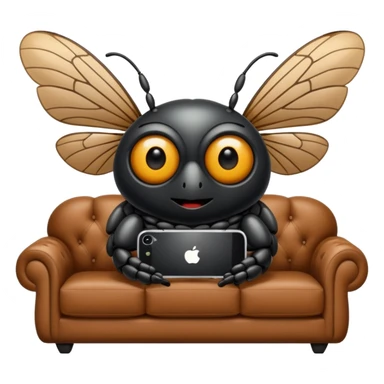 Black Cicada cartoon style with black shiny round eyes watching on a phone sit on a brown sofa  sticker