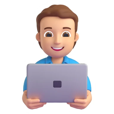 programmer smiling, holding laptop, 3D emoji style, bright colors, simple background sticker