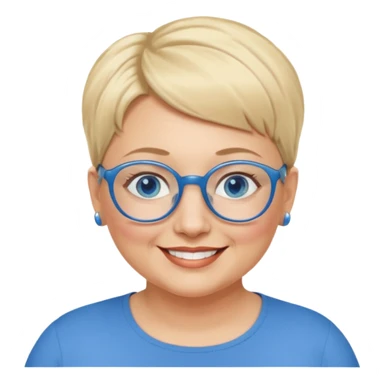 woman 50 years old, very short blonde hair, blue eyes and blue round glasses smile and overweight sticker