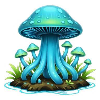 Black and cyan and blue and neon green bioluminescent shiny glowing ET gooey shroomy plenty icky sticky muddy swampy spore flower ecosystem environment  sticker