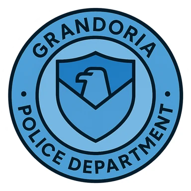 modern circular police logo with 'GRANDORİA POLİCE DEPARTMENT', minimalist design, blue tones, subtle shield or eagle motif, clean and professional, detailed lineal color icon style sticker