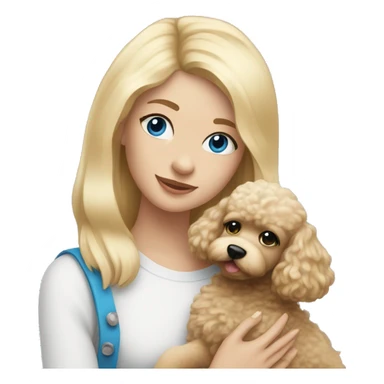 girl with straight blonde hair and blue eyes holding a fluffy poodle puppy sticker