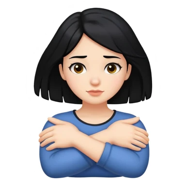 Girl with black hair with her arms crossed holding her neck sticker
