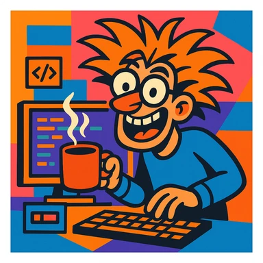 crazy programmer, wild hair, glasses, holding coffee, vibrant toon style sticker