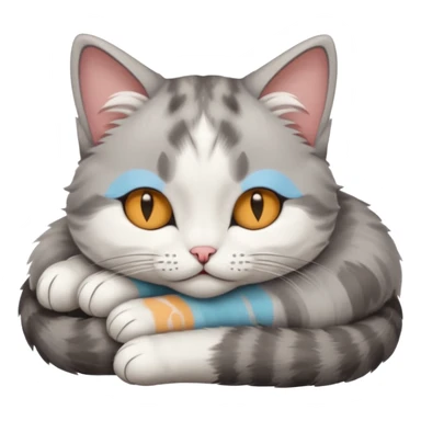 grey and white small cat with its eyes closed lying down with his head leaning on his paw sticker