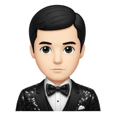Boris Korloff with black hair, black sequin suit with bow tie sticker