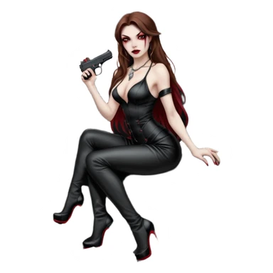 Lilith red eye seductress evil long brown haired sexy succubus woman with leather long seductive dress on, sitting in Big Large F350 pickup truck. Wearing super tall black platform high heels, Back seat full of stacks of cash, she is  Holding a human skull of her enemies and a gun in other hand sticker