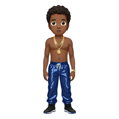 Jay-Z with dark brown hair, dark blue sequin baggy pants, shirtless with necklace  sticker