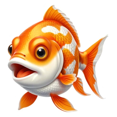 Cinematic Comical Orange and White Goldfish Portrait Emoji, Head tilted dramatically with an exaggeratedly amused expression, featuring a striking body with bold orange and white patterns, wide, expressive golden eyes filled with playful disbelief, Simplified yet hilariously expressive features, highly detailed, glowing with a slightly sassy glow, high shine, dramatic yet playful, stylized with an air of cheeky mischief, bright and endearing, soft glowing outline, capturing the essence of a spirited and over-the-top goldfish, so meme-worthy it feels like it could side-eye its way into internet fame instantly! sticker