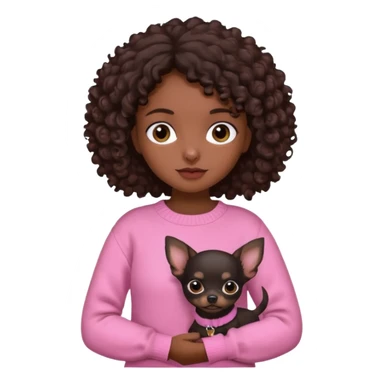 Girl with dark brown curly hair and brown eyes in a pink sweater holding a black chihuahua sticker