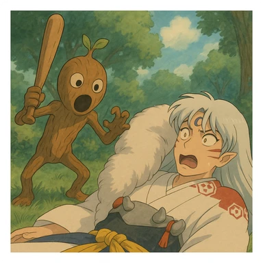 Wooden creature holding a baseball bat and scaring sesshomaru While he is sleeping We are shocked sticker