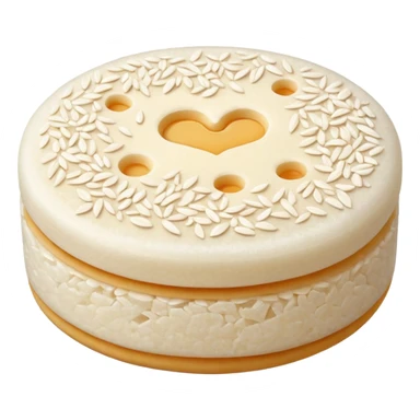 single round rice cake with light puffed texture, pale off-white color, speckled with tiny grains and air pockets, slightly uneven matte surface, crisp edges, delicate crunchy appearance, no packaging, no toppings, no extras, soft lighting, subtle shadows, emoji scale sticker