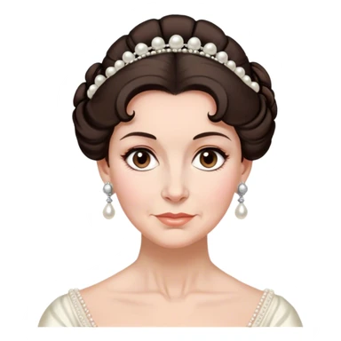 middle-old age lady with dark brown hair, styled in an elegant Regency-era updo, Soft brown eyes, kind but firm gaze, Wears delicate pearl earrings, sticker