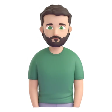 white man with dark messy short hair, dark green eyes, gray t-shirt, and short beard sticker