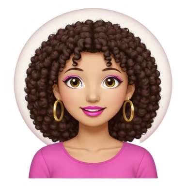 Naturally tan skin girl short darkBrown curly afropink shirt very long lashes hoop gold earrings Brown eyes gyaru smiling closed mouth cute non perfect circular a sticker
