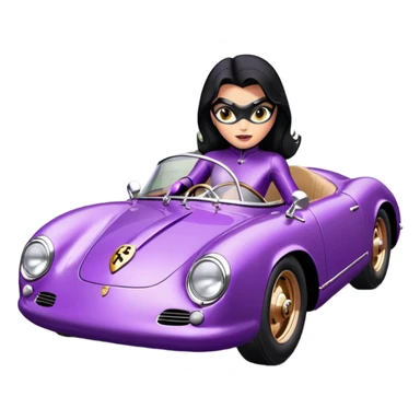 BatGirl driving her satin-black and rose gold 1955 Porsche 550 Spyder too fast in the country despite the rainy conditions making the tires slippery sliding sideways and her black hair flutter (purple shiny latex catsuit)  sticker