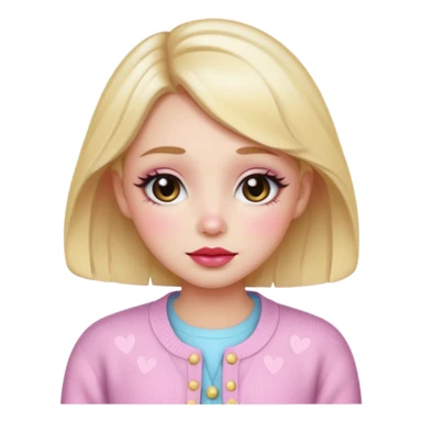 “Emoji girl, dewy skin, flushed blush across cheeks and nose, glossy cherry lips, soft puppy eyeliner, slightly teary sparkling eyes, wearing pastel cardigan.” sticker