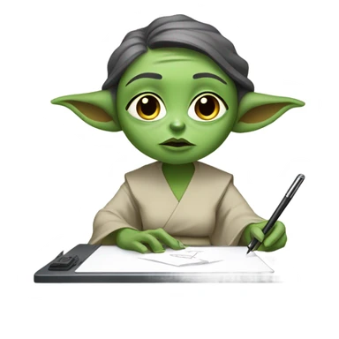female  Yoda draws on a graphics tablet sticker