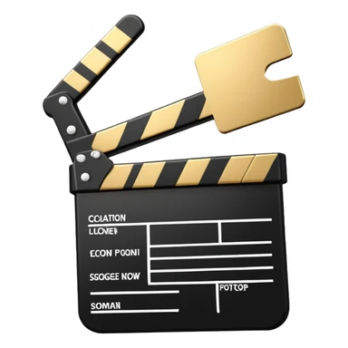 cartoon movie clapper, simple design with gold top part and white bottom part, black diagonal stripe sticker