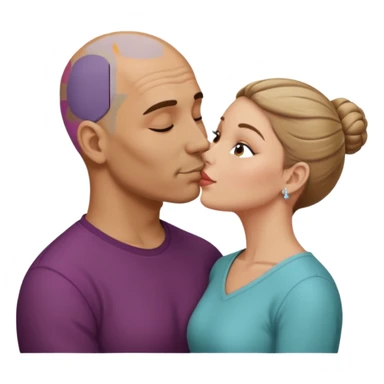 Mid aged Hispanic bald man kissing mid aged dark blonde white woman. She’s wearing a bun. sticker
