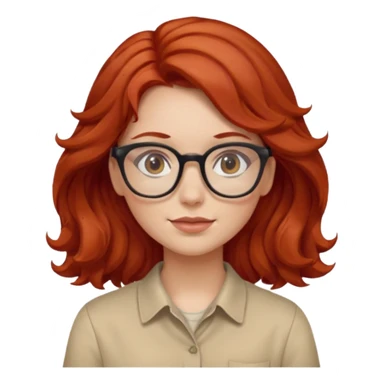 girl wear glasses, wavy red hair, beige shirt\ sticker
