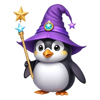 A cute penguin wearing a purple wizard hat and holding a magic wand with a star on the tip sticker