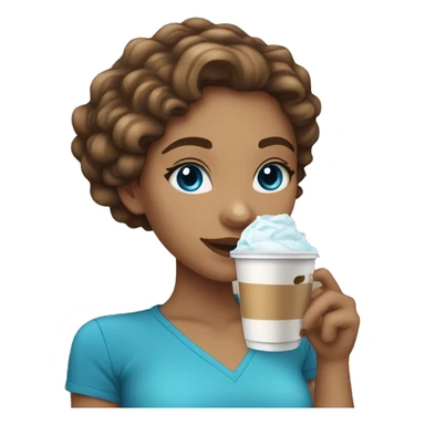 Light skin girl with brown wavy hair and blue eyes drinking ice latte  sticker