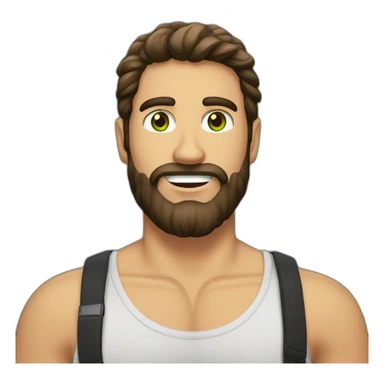 one white guy with dark brown longhair greeneye beard blacktshirt thumbup sticker