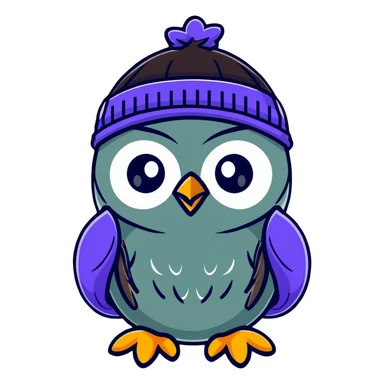 Abstract nice  owl with shiny feathers. With a knitted hat in head  sticker