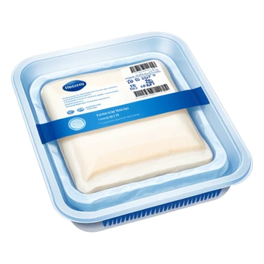 A vacuum-sealed plastic tray containing frozen white fish fillets, covered with thin layers of frost. The packaging has a clear window showing the fish, and a blue label with product details and a barcode. Realistic supermarket freezer setting with cold mist and LED lighting. sticker