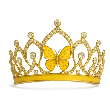 butterfly crown with a yellow base, a single butterfly in yellow enamel, sparkling gems sticker
