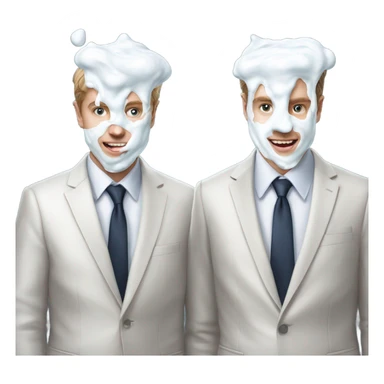 Two men covered in yogurt wearing suits with yogurt on both of their heads, and more yogurt on their suits, but white skin sticker