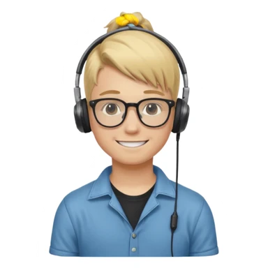 blond hair teen boy pony tail undercut with tattoo on his neck, wearing glasses, strong built, smile warmly with headphone sticker