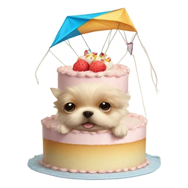 cake with a kite and a small pomchi dog  sticker