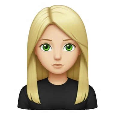 Long straight blonde hair with green eyes and black shirt sticker