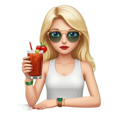 girl with long blond hair
with blue eyes
and aviator sunglasses
wearing white tank top 
holding bloody mary
wearing (rose gold apple watch with forest green band) sticker