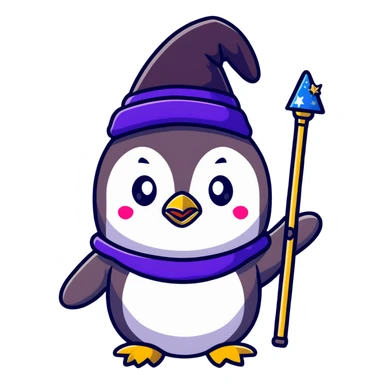 cartoon penguin wizard with a starry hat and magic wand, vibrant colors sticker