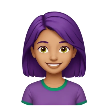 Give me an emoji : a tan skinned indian girl, medium deep purple hair with a green shirt sticker