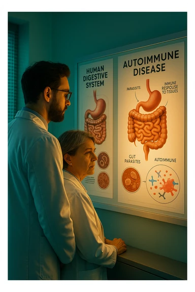 Realistic, detailed photo taken from behind of two doctors—a bearded man and a middle-aged woman—standing side by side in a modern medical office, intently studying a large, illuminated medical chart on the wall. The chart displays a detailed diagram of the human digestive system, highlighting the intestines and showing microscopic images of intestinal parasites. Next to it, another chart illustrates the immune system attacking healthy tissues, visually connecting gut parasites to autoimmune disease mechanisms. The room is bathed in a single green-blue color, with a warm, yellow-orange light casting soft shadows around the doctors. Both wear white coats and have serious, focused expressions, suggesting a deep discussion about the root causes of autoimmune conditions. Shot with a Canon EOS R5, with high detail, natural depth of field, and a clinical yet dramatic atmosphere. sticker