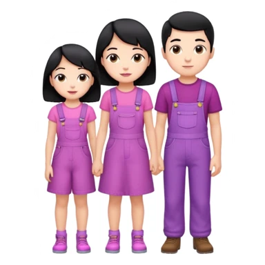 A short boy with black hair in pink overalls standing next to a really tall girl in a purple dress sticker